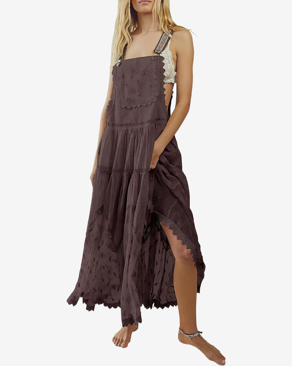 Chouyatou Women's Laced Embroidered Tulle Bib Dress Casual Loose Adjustable Straps Maxi Dress