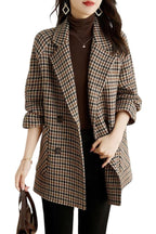 Chouyatou Womens Notched Lapel Pea Coat Double Breasted Blazer Jackets Houndstooth Woolen Blend Overcoat with Pockets