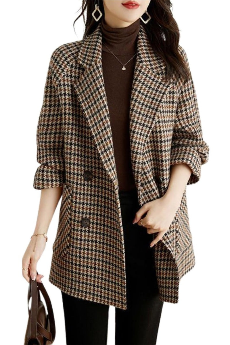 Chouyatou Womens Notched Lapel Pea Coat Double Breasted Blazer Jackets Houndstooth Woolen Blend Overcoat with Pockets