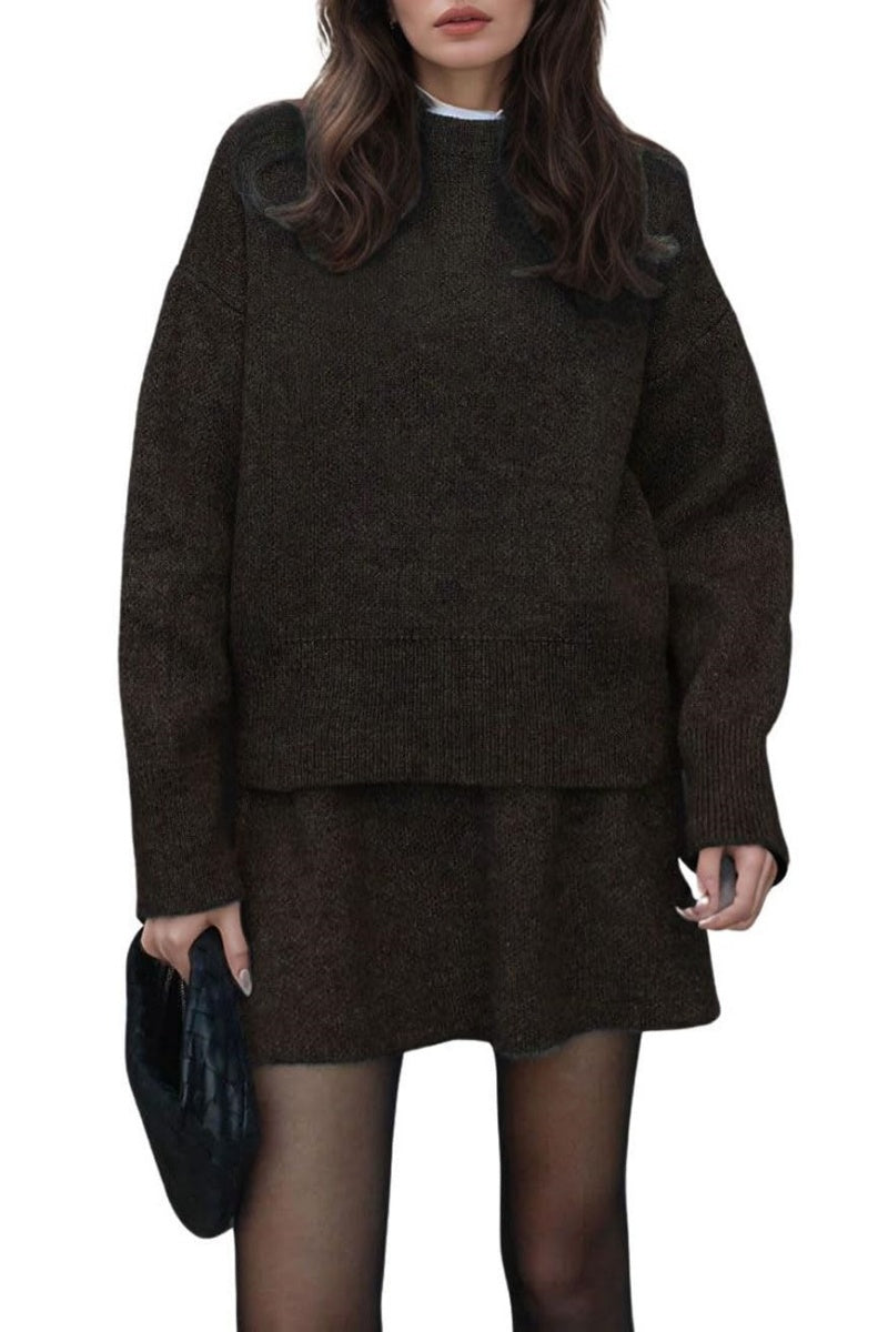 Chouyatou Women Sweater Skirt Sets 2 Pieces Outfits Loose Fit Pullover Sweater Knitted Mini Skirt