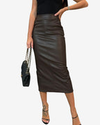 Chouyatou Womens Long Faux Leather Skirt Bodycon High Waist Slim Pencil Midi Skirt with Pockets