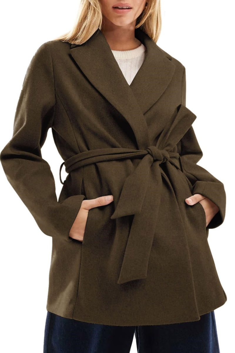 Chouyatou Women Fashion Belted Wool Trench Coat Notched Lapel Pea Coats Winter Warm Jackets with Pockets