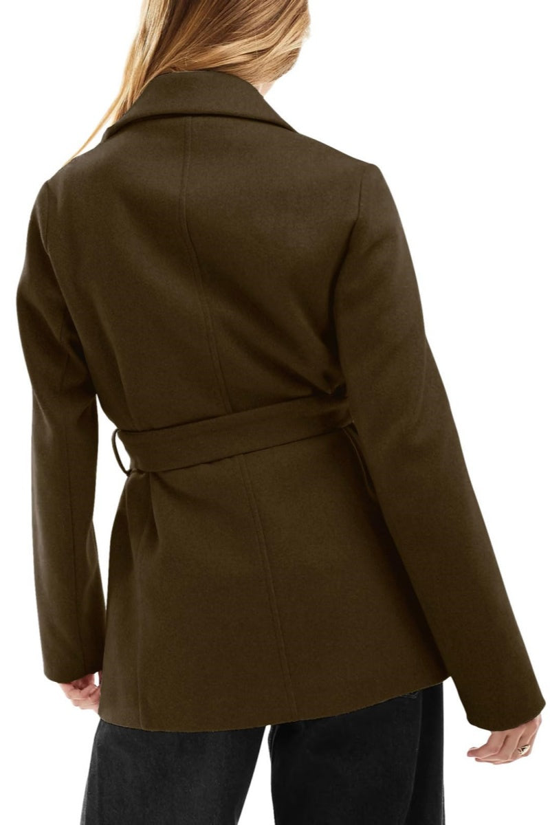 Chouyatou Women Fashion Belted Wool Trench Coat Notched Lapel Pea Coats Winter Warm Jackets with Pockets