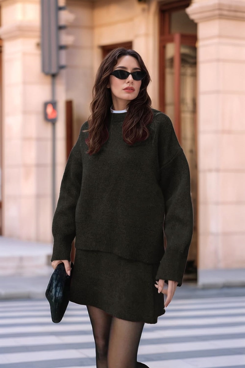 Chouyatou Women Sweater Skirt Sets 2 Pieces Outfits Loose Fit Pullover Sweater Knitted Mini Skirt