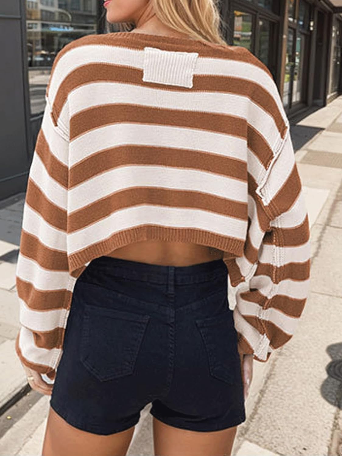 Chouyatou Women s Crewneck Striped Cropped Sweater Long Sleeve Oversiz CHOUYATOU