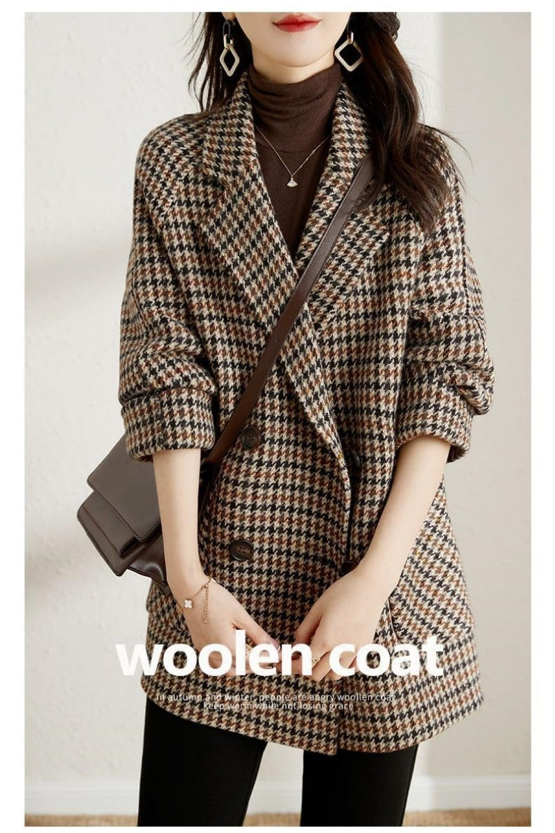 Chouyatou Womens Notched Lapel Pea Coat Double Breasted Blazer Jackets Houndstooth Woolen Blend Overcoat with Pockets