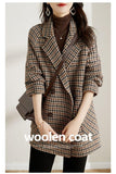 Chouyatou Womens Notched Lapel Pea Coat Double Breasted Blazer Jackets Houndstooth Woolen Blend Overcoat with Pockets