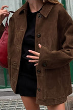Chouyatou Women's Fall Boyfriend Faux Suede Leather Jacket Casual Midi Long Button Down Shacket Coat