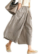 Chouyatou Women's Cotton Linen Pants Elastic Waist Plaid Gingham Wide Leg Capri Palazzo Pants