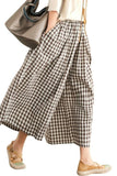 Chouyatou Women's Cotton Linen Pants Elastic Waist Plaid Gingham Wide Leg Capri Palazzo Pants