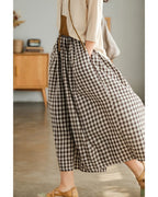 Chouyatou Women's Cotton Linen Pants Elastic Waist Plaid Gingham Wide Leg Capri Palazzo Pants