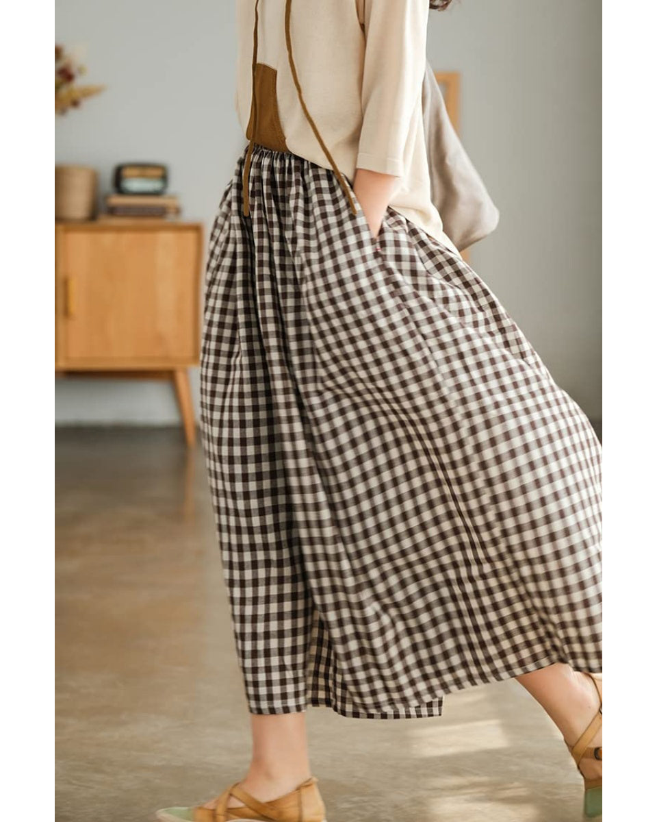 Chouyatou Women's Cotton Linen Pants Elastic Waist Plaid Gingham Wide Leg Capri Palazzo Pants