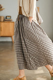 Chouyatou Women's Cotton Linen Pants Elastic Waist Plaid Gingham Wide Leg Capri Palazzo Pants