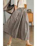 Chouyatou Women's Cotton Linen Pants Elastic Waist Plaid Gingham Wide Leg Capri Palazzo Pants