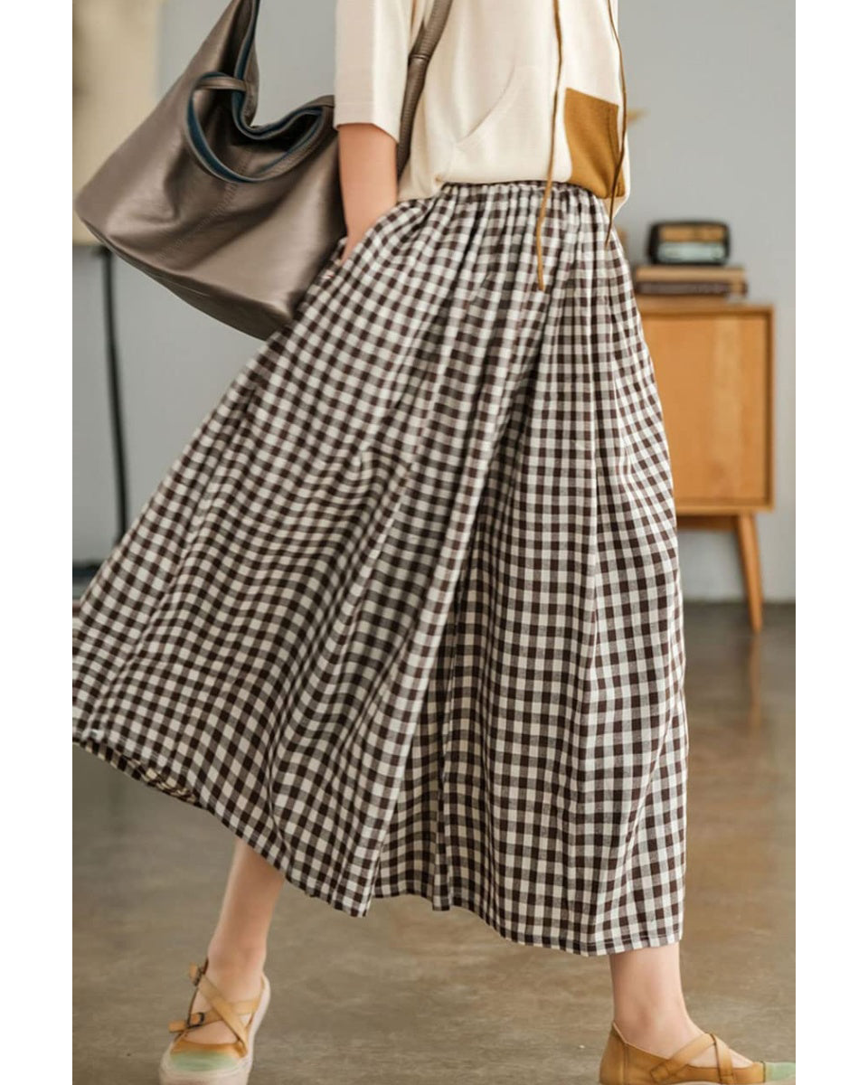 Chouyatou Women's Cotton Linen Pants Elastic Waist Plaid Gingham Wide Leg Capri Palazzo Pants
