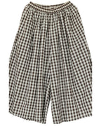 Chouyatou Women's Cotton Linen Pants Elastic Waist Plaid Gingham Wide Leg Capri Palazzo Pants