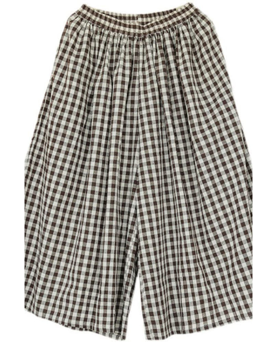 Chouyatou Women's Cotton Linen Pants Elastic Waist Plaid Gingham Wide Leg Capri Palazzo Pants