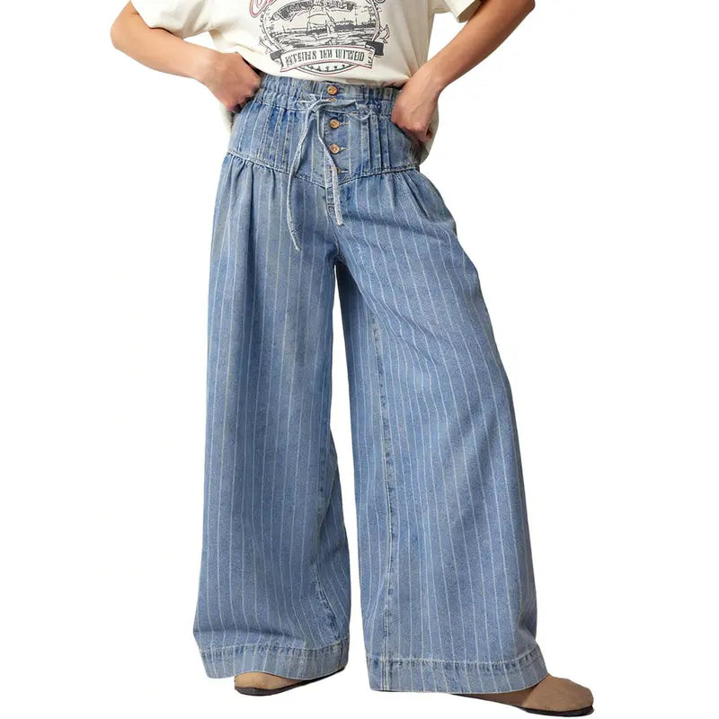 Chouyatou Women's Baggy Wide Leg Denim Pants Drawstring Midi Waisted Flare Jeans Ruffle Pleated Button Jeans