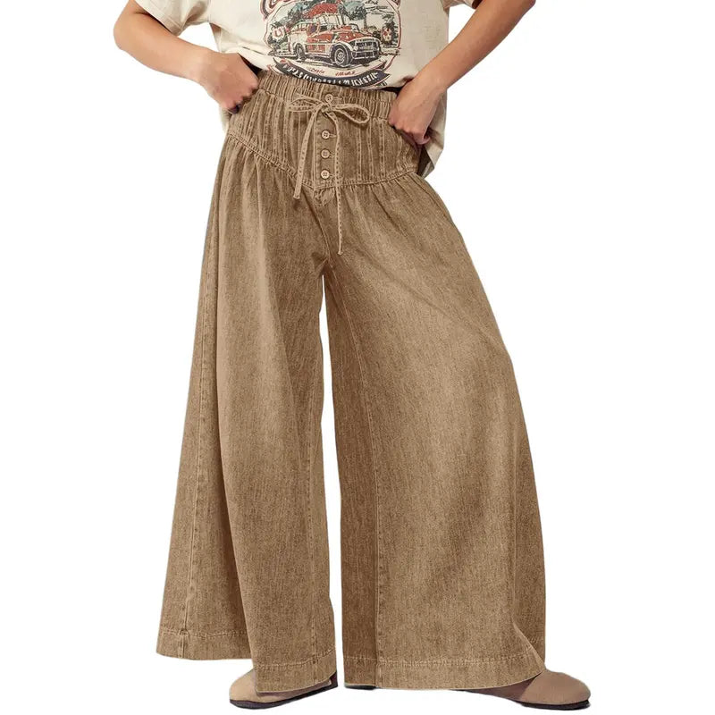 Chouyatou Women's Baggy Wide Leg Denim Pants Drawstring Midi Waisted Flare Jeans Ruffle Pleated Button Jeans