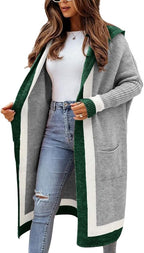 Chouyatou Women's Color Block Vertical Striped Open Front Oversized Hooded Long Cardigan Sweaters with Pockets