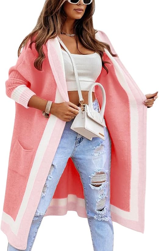 Chouyatou Women's Color Block Vertical Striped Open Front Oversized Hooded Long Cardigan Sweaters with Pockets