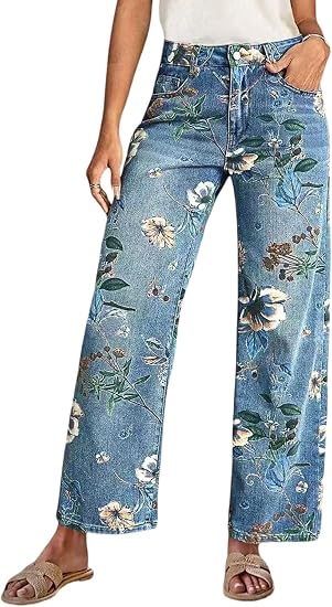 Chouyatou Women's Straight Leg Jeans High Rise Vintage Floral Printed Wide Leg Trendy Stretchy Baggy Casual Denim Pants