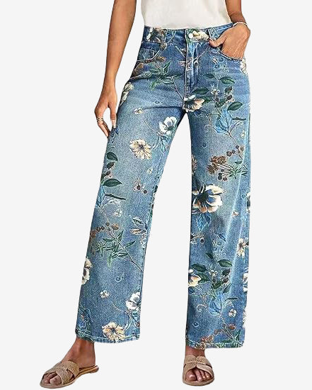 Chouyatou Women's Straight Leg Jeans High Rise Vintage Floral Printed Wide Leg Trendy Stretchy Baggy Casual Denim Pants