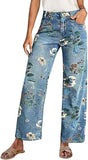 Chouyatou Women's Straight Leg Jeans High Rise Vintage Floral Printed Wide Leg Trendy Stretchy Baggy Casual Denim Pants