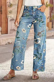 Chouyatou Women's Straight Leg Jeans High Rise Vintage Floral Printed Wide Leg Trendy Stretchy Baggy Casual Denim Pants