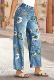 Chouyatou Women's Straight Leg Jeans High Rise Vintage Floral Printed Wide Leg Trendy Stretchy Baggy Casual Denim Pants