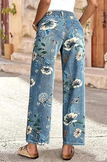 Chouyatou Women's Straight Leg Jeans High Rise Vintage Floral Printed Wide Leg Trendy Stretchy Baggy Casual Denim Pants