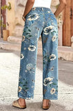 Chouyatou Women's Straight Leg Jeans High Rise Vintage Floral Printed Wide Leg Trendy Stretchy Baggy Casual Denim Pants
