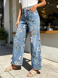 Chouyatou Women's Straight Leg Jeans High Rise Vintage Floral Printed Wide Leg Trendy Stretchy Baggy Casual Denim Pants
