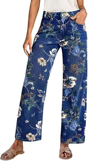 Chouyatou Women's Straight Leg Jeans High Rise Vintage Floral Printed Wide Leg Trendy Stretchy Baggy Casual Denim Pants
