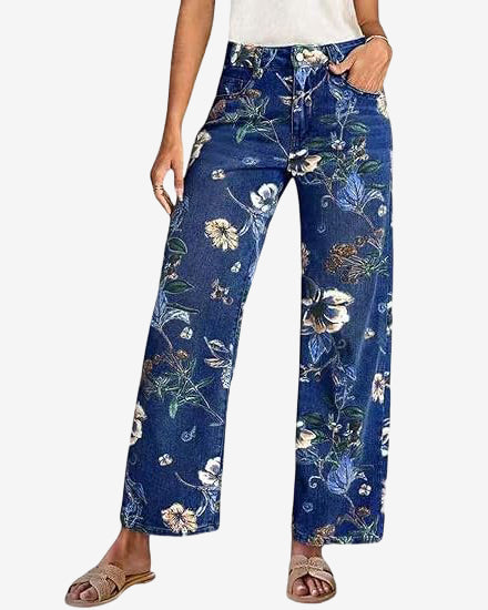 Chouyatou Women's Straight Leg Jeans High Rise Vintage Floral Printed Wide Leg Trendy Stretchy Baggy Casual Denim Pants