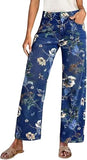 Chouyatou Women's Straight Leg Jeans High Rise Vintage Floral Printed Wide Leg Trendy Stretchy Baggy Casual Denim Pants