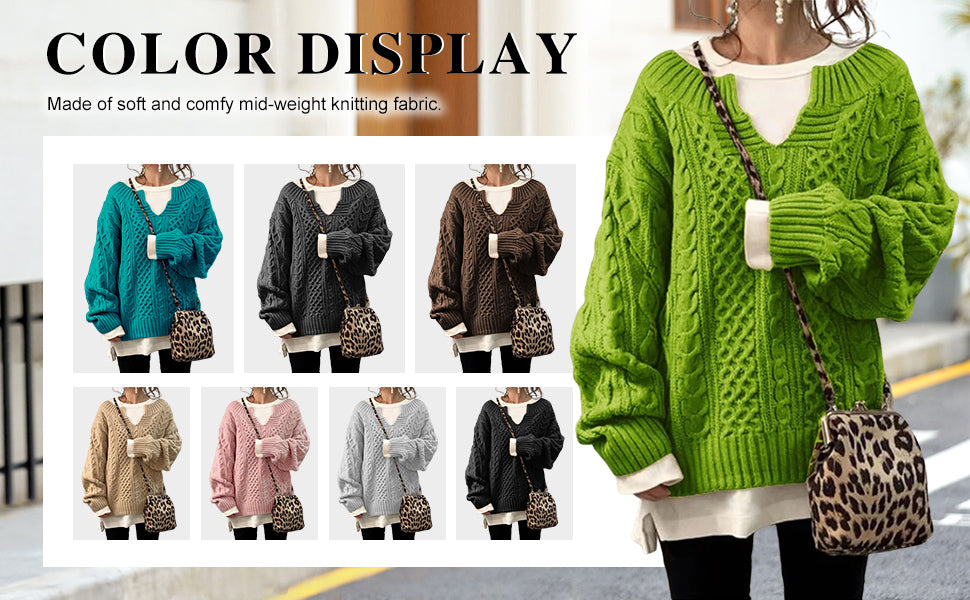 Chouyatou Women's Winter Chunky V Neck Long Sleeve Loose Cable Knit Sweater Pullover