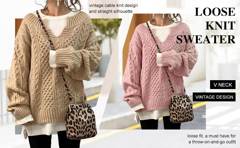 Chouyatou Women's Winter Chunky V Neck Long Sleeve Loose Cable Knit Sweater Pullover