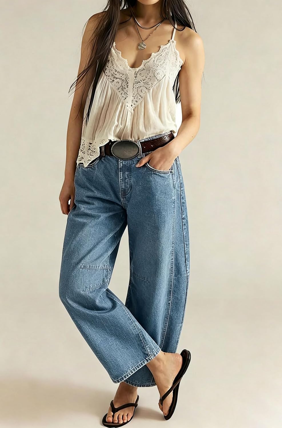 Chouyatou Women Casual Wide Leg Mid Rise Jeans Baggy Barrel Jeans Denim Pull On Pants Sweatpants Y2k Boyfriend Boho Ankle Pant