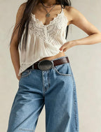 Chouyatou Women Casual Wide Leg Mid Rise Jeans Baggy Barrel Jeans Denim Pull On Pants Sweatpants Y2k Boyfriend Boho Ankle Pant