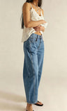 Chouyatou Women Casual Wide Leg Mid Rise Jeans Baggy Barrel Jeans Denim Pull On Pants Sweatpants Y2k Boyfriend Boho Ankle Pant