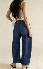 Chouyatou Women Casual Wide Leg Mid Rise Jeans Baggy Barrel Jeans Denim Pull On Pants Sweatpants Y2k Boyfriend Boho Ankle Pant