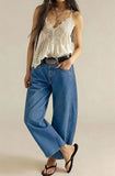 Chouyatou Women Casual Wide Leg Mid Rise Jeans Baggy Barrel Jeans Denim Pull On Pants Sweatpants Y2k Boyfriend Boho Ankle Pant