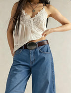 Chouyatou Women Casual Wide Leg Mid Rise Jeans Baggy Barrel Jeans Denim Pull On Pants Sweatpants Y2k Boyfriend Boho Ankle Pant