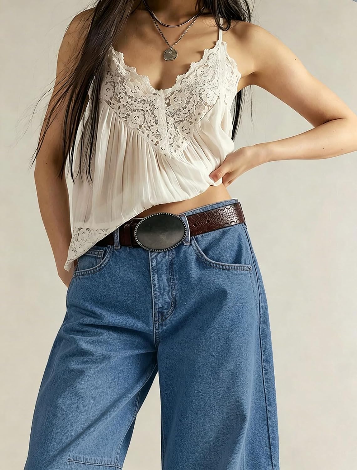 Chouyatou Women Casual Wide Leg Mid Rise Jeans Baggy Barrel Jeans Denim Pull On Pants Sweatpants Y2k Boyfriend Boho Ankle Pant