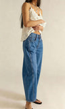 Chouyatou Women Casual Wide Leg Mid Rise Jeans Baggy Barrel Jeans Denim Pull On Pants Sweatpants Y2k Boyfriend Boho Ankle Pant