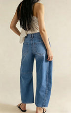 Chouyatou Women Casual Wide Leg Mid Rise Jeans Baggy Barrel Jeans Denim Pull On Pants Sweatpants Y2k Boyfriend Boho Ankle Pant