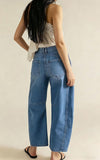 Chouyatou Women Casual Wide Leg Mid Rise Jeans Baggy Barrel Jeans Denim Pull On Pants Sweatpants Y2k Boyfriend Boho Ankle Pant