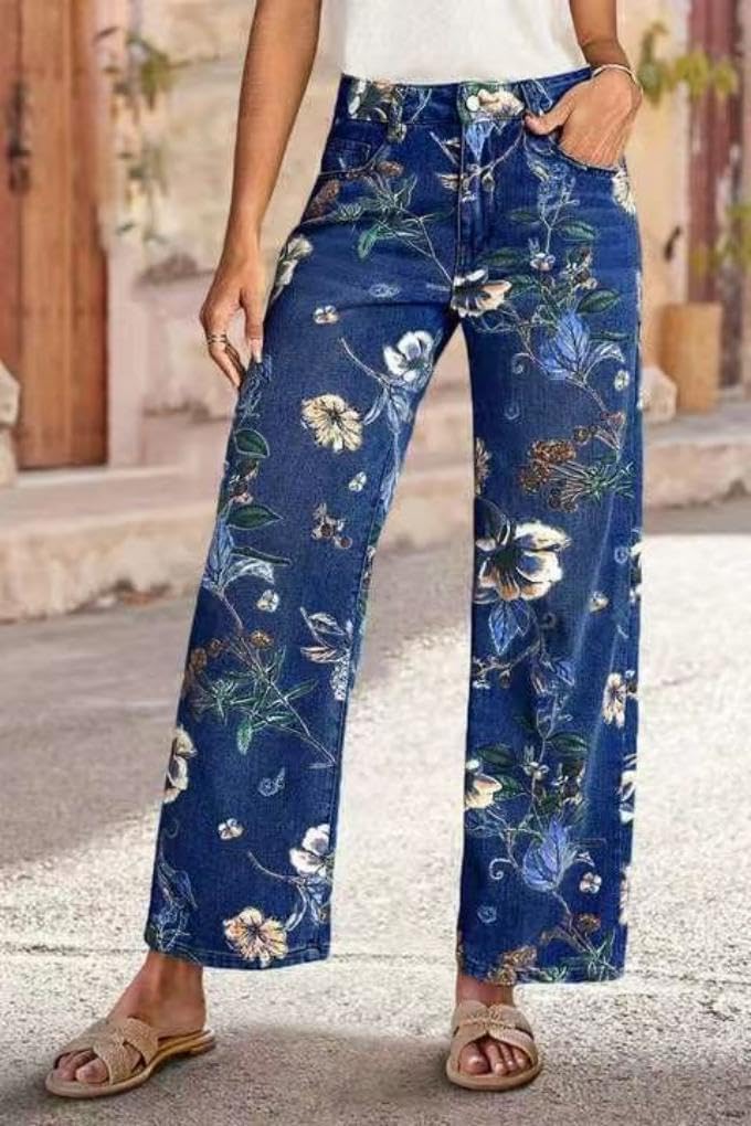 Chouyatou Women's Straight Leg Jeans High Rise Vintage Floral Printed Wide Leg Trendy Stretchy Baggy Casual Denim Pants