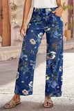 Chouyatou Women's Straight Leg Jeans High Rise Vintage Floral Printed Wide Leg Trendy Stretchy Baggy Casual Denim Pants